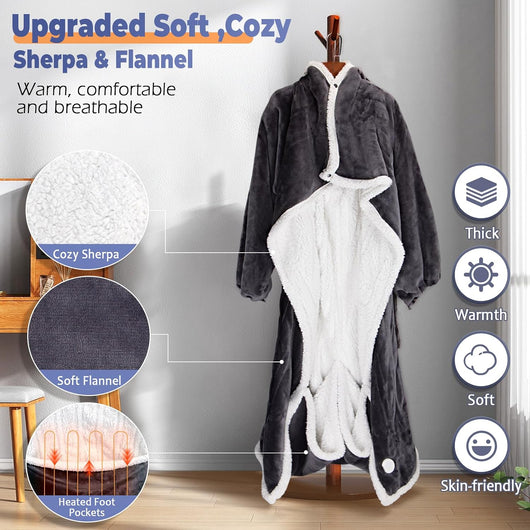 Wearable Heated Blanket with Sleeves and Foot Pocket | Electric Sherpa Blanket Robe