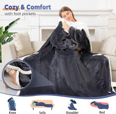 Wearable Heated Blanket with Sleeves and Foot Pocket | Electric Sherpa Blanket Robe